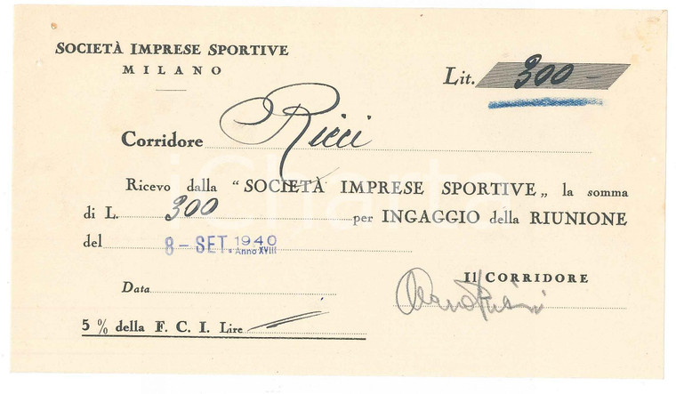 1940 CICLISMO Milano VIGORELLI Ricevuta Mario RICCI per corsa - AUTOGRAFO