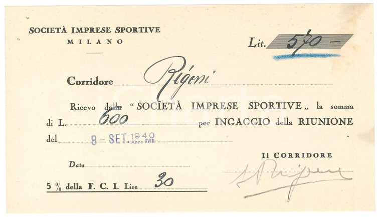 1940 CICLISMO Milano VIGORELLI Ricevuta Severino RIGONI per corsa - AUTOGRAFO