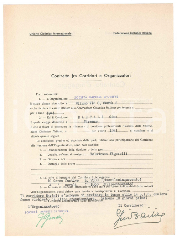 1941 CICLISMO MILANO VIGORELLI - Contratto ingaggio Gino BARTALI Autografo