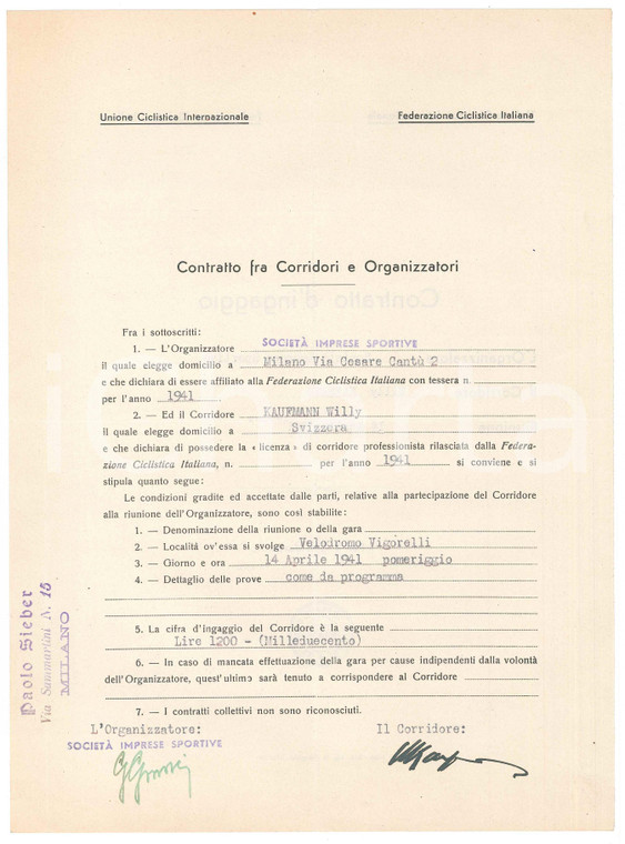 1941 CICLISMO MILANO VIGORELLI - Contratto ingaggio Willy KAUFMANN Autografo