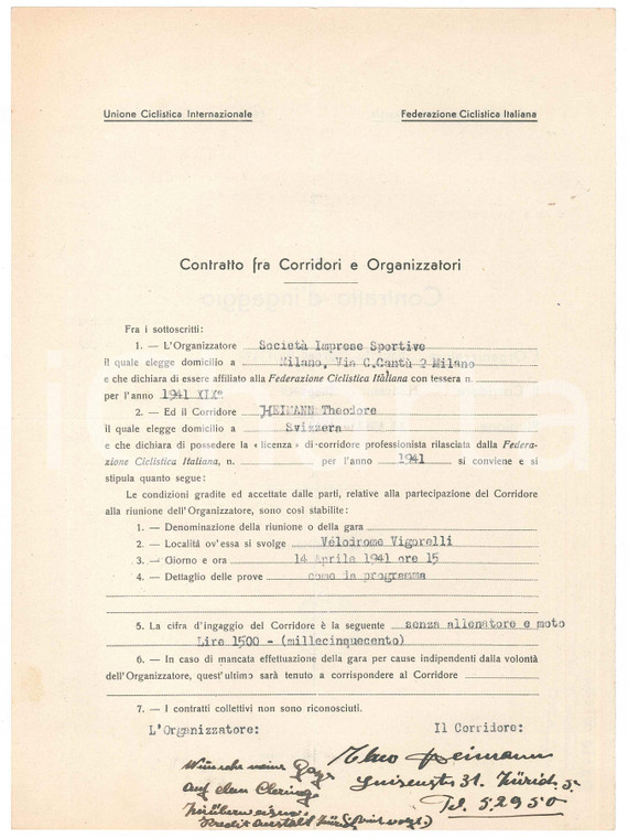 1941 CICLISMO MILANO Contratto Theodor HEIMANN per gara al Vigorelli *AUTOGRAFO