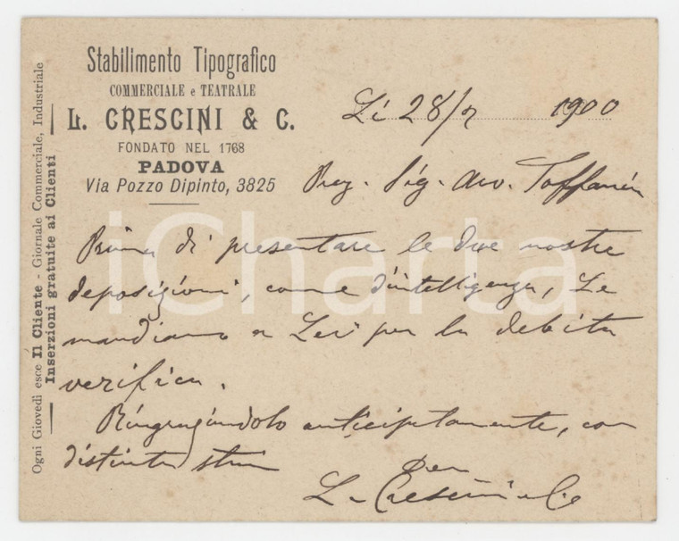 1900 PADOVA Stabilimento Tipografico Teatrale L. CRESCINI *Biglietto autografo