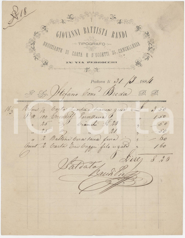 1884 PADOVA Via Pedrocchi - Giovanni Battista RANDI Negoziante di carta *Fattura
