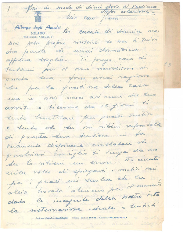 1951 MILANO Albergo degli AMEDEI - Lilla BRIGNONE - Lettera a un amico AUTOGRAFO