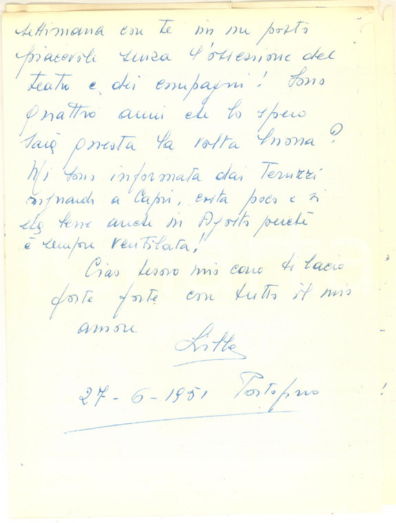 1951 PORTOFINO Lettera Lilla BRIGNONE a un collega mal pagato *Autografo