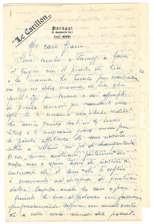 1951 PARAGGI /S. MARGHERITA Lilla BRIGNONE - Lettera a un amico *AUTOGRAFO