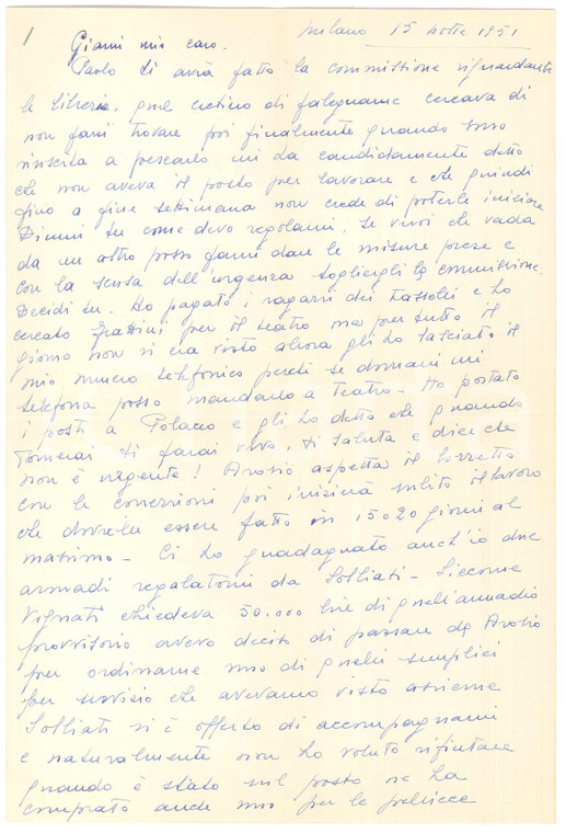 1951 MILANO Lettera Lilla BRIGNONE sull'acquisto di mobili *AUTOGRAFO