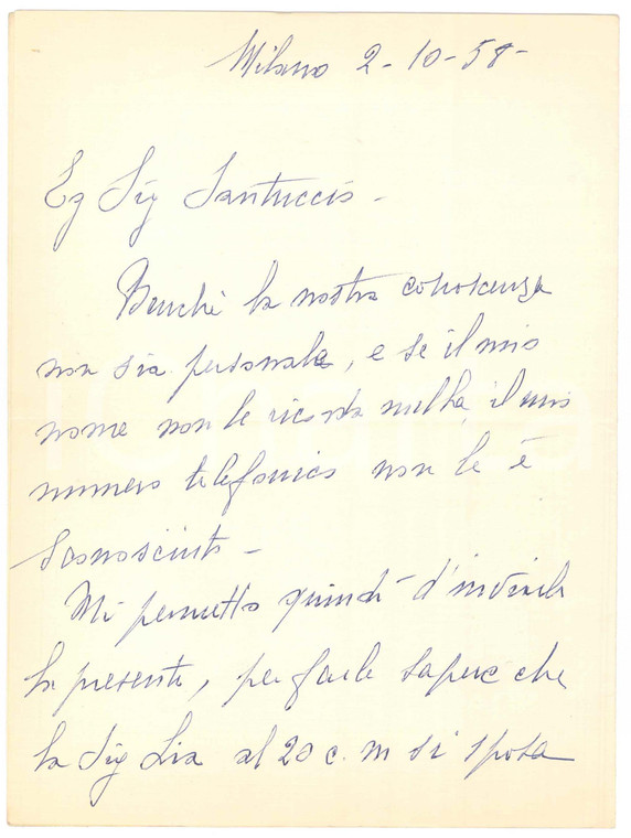 1958 MILANO Lettera a Gianni SANTUCCIO da un ammiratrice per camera disponibile