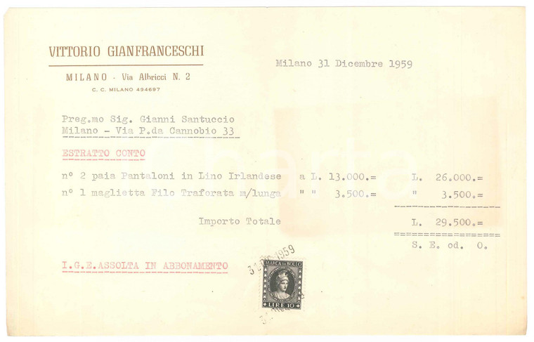 1959 MILANO Sartoria Vittorio GIANFRANCESCHI Ricevuta a Gianni SANTUCCIO