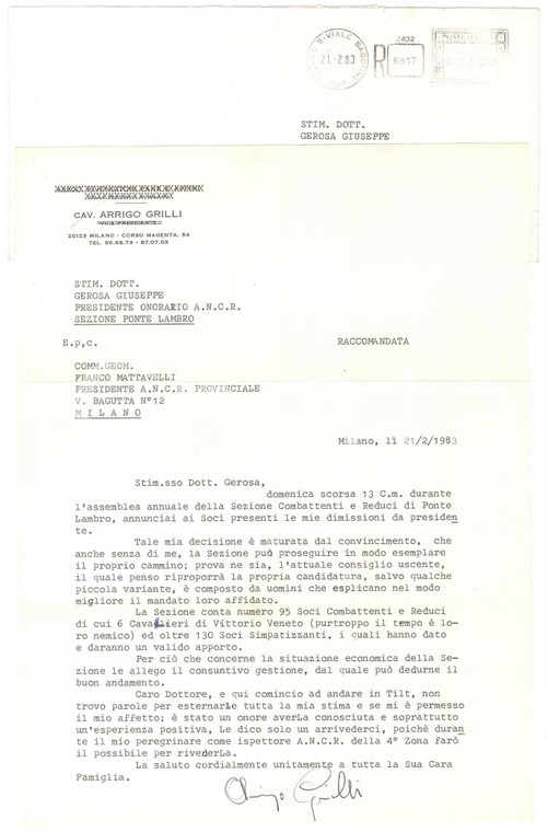 1983 MILANO Lettera cav. Arrigo GRILLI - Dimissioni ANCR *Autografo