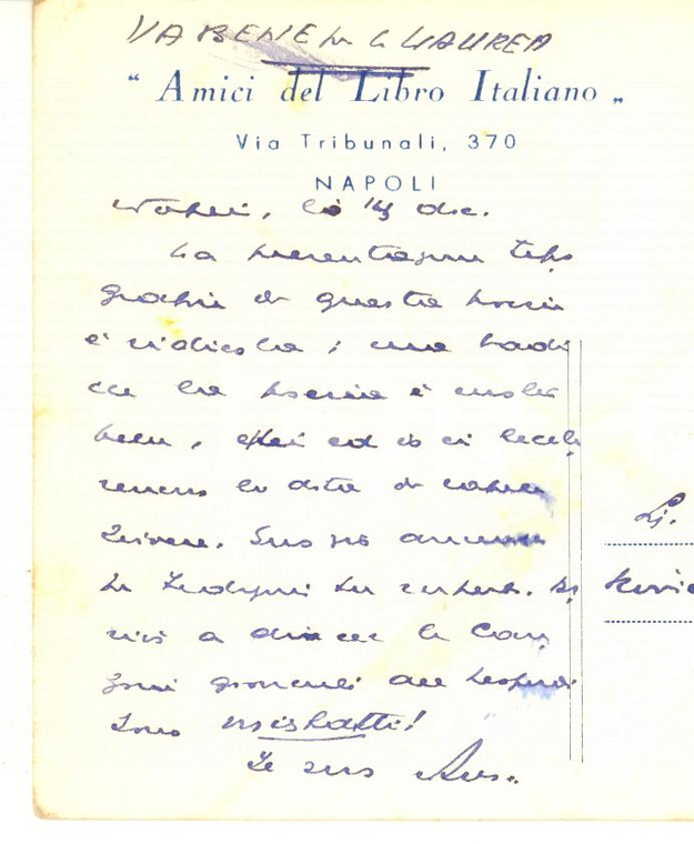 1962 NAPOLI Amici del Libro Italiano - Cartolina Giovanni ANSALDO - AUTOGRAFO