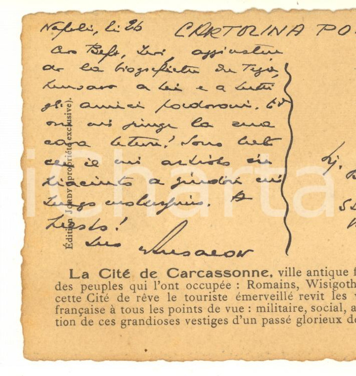 1959 CARCASSONNE (F) Cartolina Giovanni ANSALDO per articolo - AUTOGRAFO