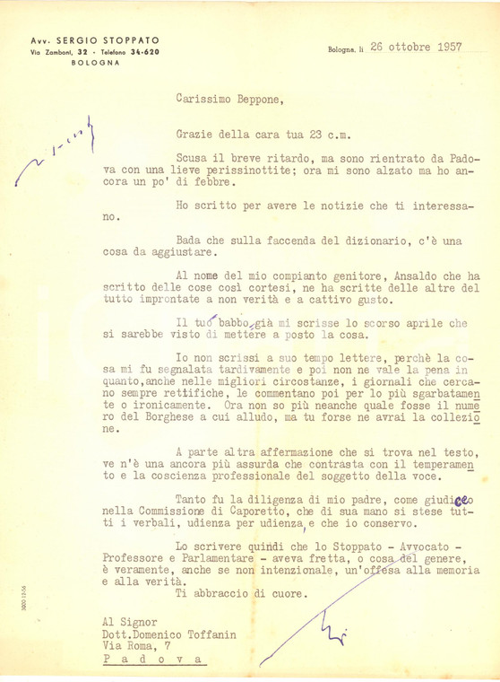 1957 BOLOGNA Lettera avv. Sergio STOPPATO per articoli non veritieri *Autografo