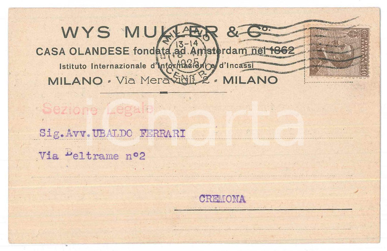 1925 MILANO Casa olandese WYS MULLER Istituto incassi e informazioni - Cartolina
