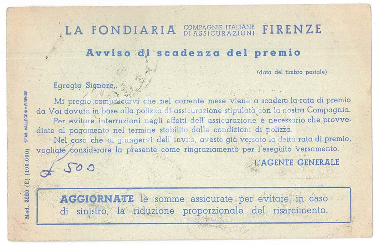 1954 FIRENZE Assicurazioni LA FONDIARIA Avviso di scadenza del premio Cartolina