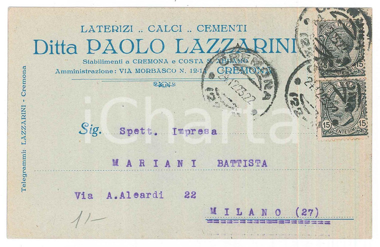 1923 MILANO Ditta Paolo LAZZARINI Laterizi e cementi - Cartolina commerciale
