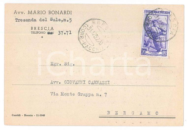 1952 BRESCIA Avv. Mario BONARDI scrive all'avv. Giovanni CARNAZZI Cartolina