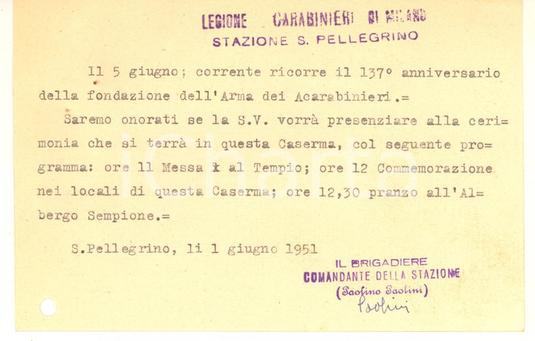 1951 SAN PELLEGRINO TERME Invito brigadiere Paolino PAOLINI - CARABINIERI MILANO