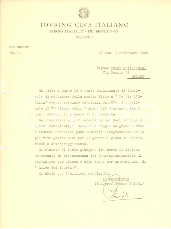 1949 MILANO TOURING CLUB Lettera presidente Cesare CHIODI - Autografo