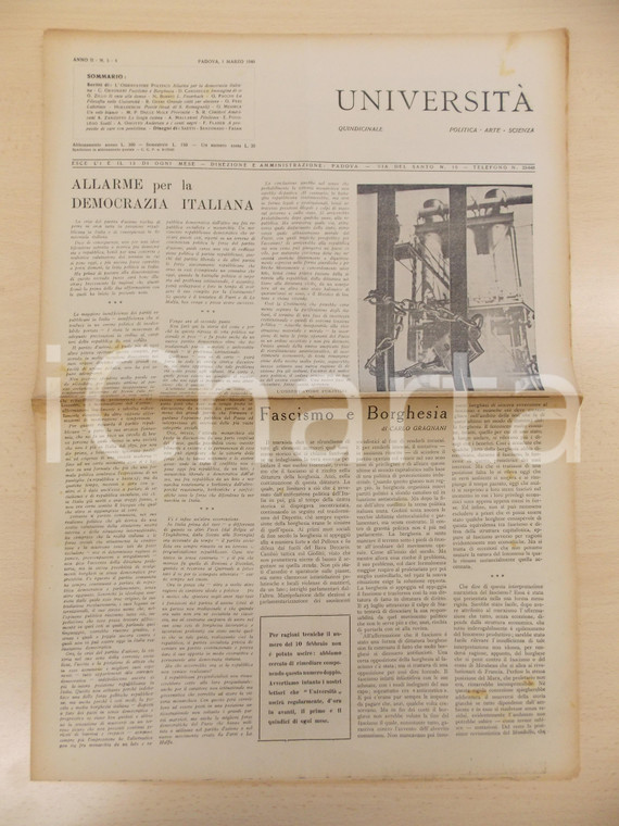 1946 PADOVA Rivista UNIVERSITÀ Anno II n. 3-4 Fascismo e borghesia *34x50 cm