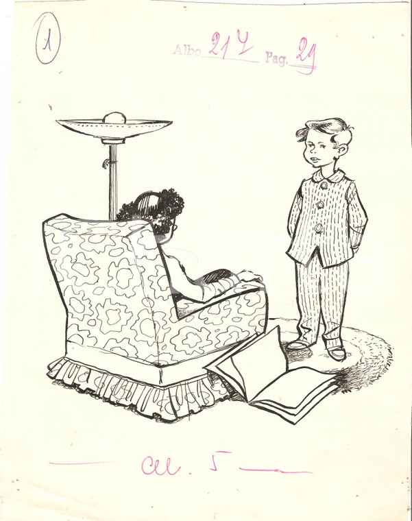 1955 ca IL VITTORIOSO ? Bambino in pigiama *Illustrazione ORIGINALE 18x23 cm