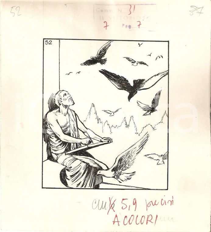 1955 ca IL VITTORIOSO Augure osserva uccelli - Bozzetto a china per figurina
