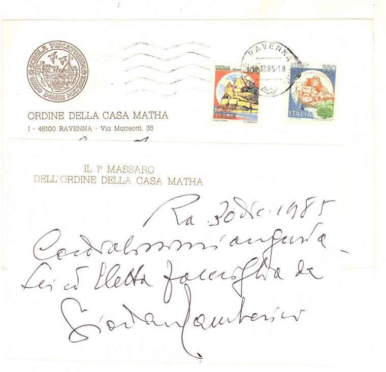 1985 MASSONERIA RAVENNA Giordano GAMBERINI - Biglietto di auguri autografo