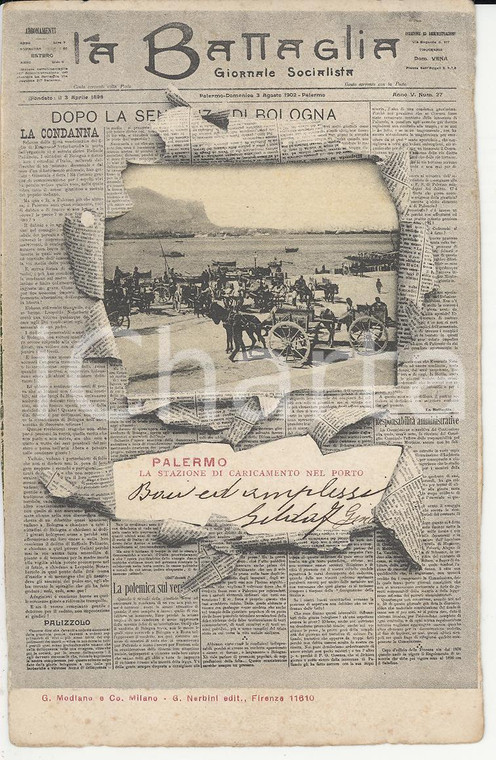 1903 PALERMO Cartolina LA BATTAGLIA Giornale socialista - Carretti al porto