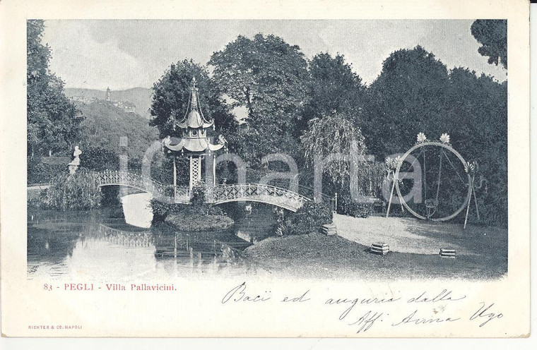 1905 ca GENOVA PEGLI Villa Pallavicini - Panorama con altalena e ponti Cartolina