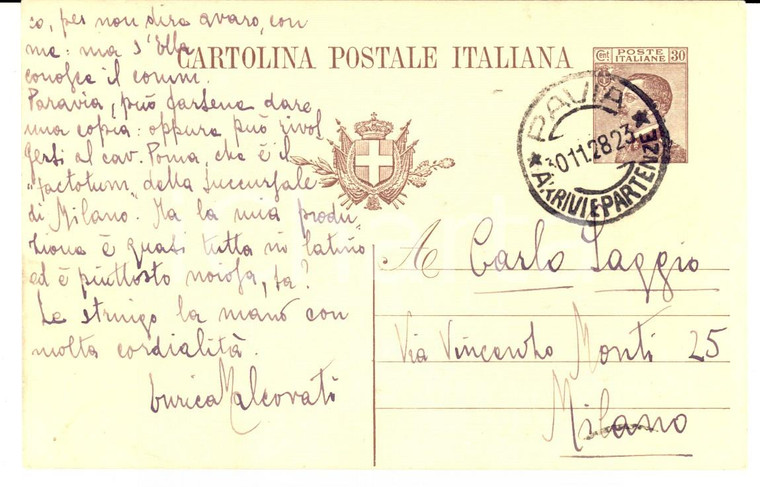 1928 PAVIA La mia produzione è in latino e noiosa - Autografo Enrica MALCOVATI