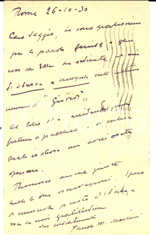 1930 ROMA Fausto Maria MARTINI ringrazia per recensione a romanzo - Autografo