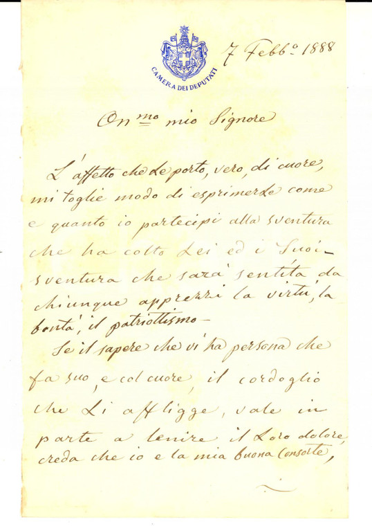 1888 ROMA Lettera Benedetto RAGAZZI per condoglianze a un collega - Autografo