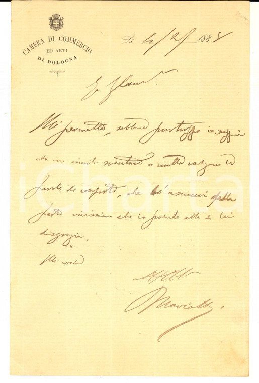 1888 BOLOGNA Camera di Commercio - Lettera segretario Pietro MARIOTTI *Autografo