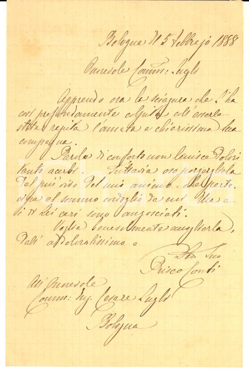 1888 BOLOGNA Avv. Prisco CONTI - Lettera personale a un collega *Autografo