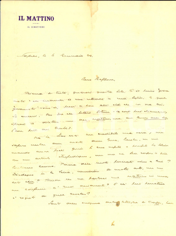 1960 NAPOLI IL MATTINO Lettera direttore Giovanni ANSALDO a un amico *Autografo