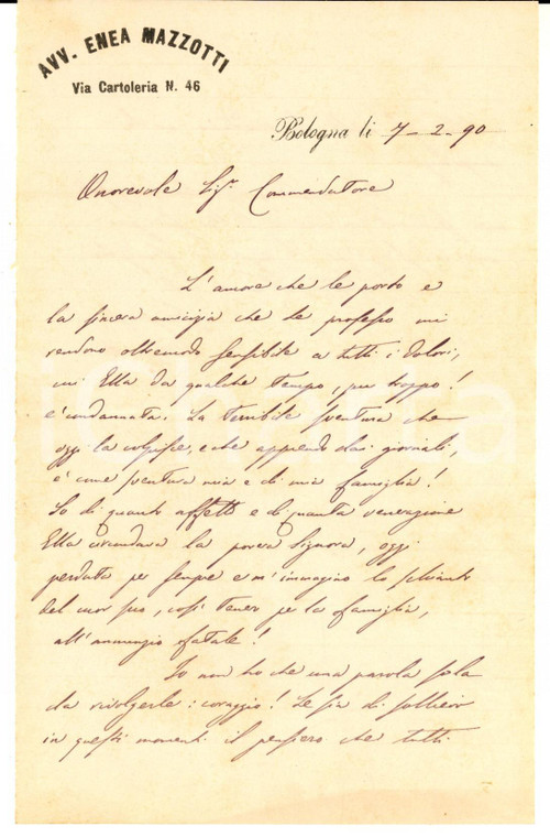 1890 BOLOGNA Avv. Enea MAZZOTTI - Lettera di condoglianze - Autografo