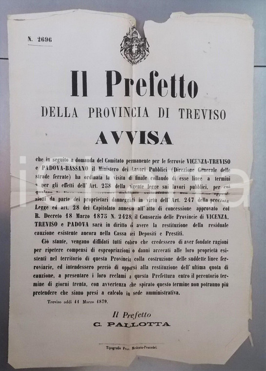 1879 FERROVIE Vicenza-Treviso e Padova-Bassano - Avviso per collaudo 30x45