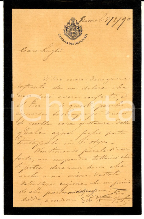 1890 ROMA Lettera deputato Filippo TETI per condoglianze - Autografo