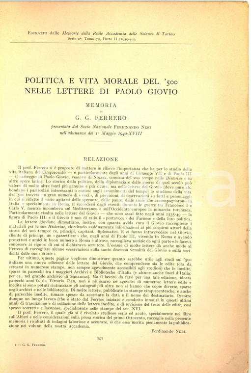 1940 G. G. FERRERO Politica e vita morale del '500 nelle lettere di Paolo Giovio