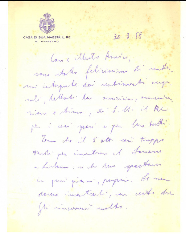 1958 ROMA Lettera ministro Falcone LUCIFERO per auguri al Re *Autografo