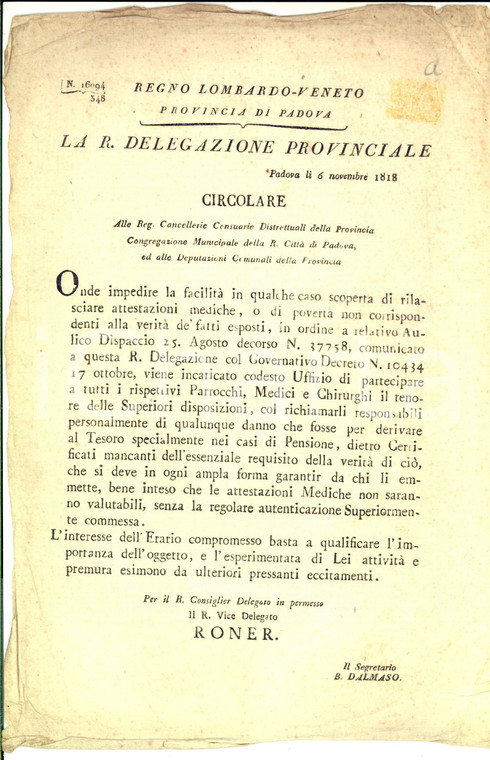 1818 PADOVA Circolare contro falsi attestati medici o di povertà MANIFESTO 22x32