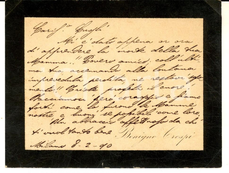 1890 MILANO Biglietto Benigno CRESPI per condoglianze a un amico - Autografo