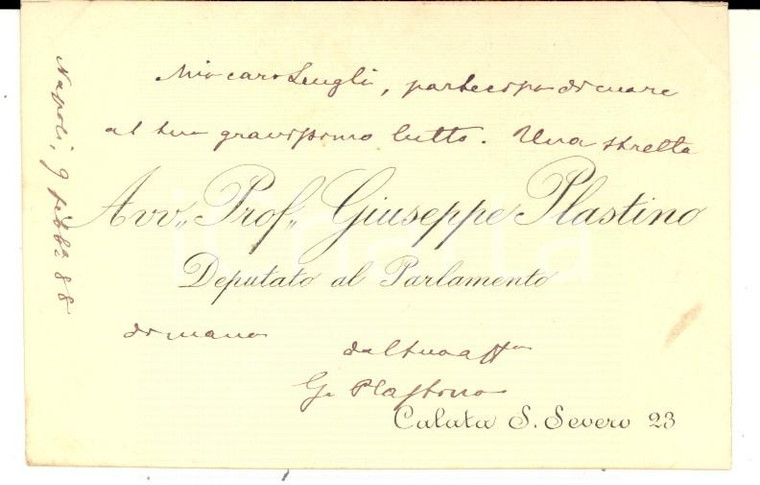 1888 NAPOLI Biglietto da visita deputato Giuseppe PLASTINO - Autografo