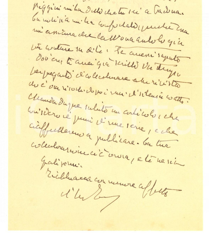 1945 MILANO NUOVA ANTOLOGIA Lettera Giuseppe VILLAROEL per articolo - Autografo