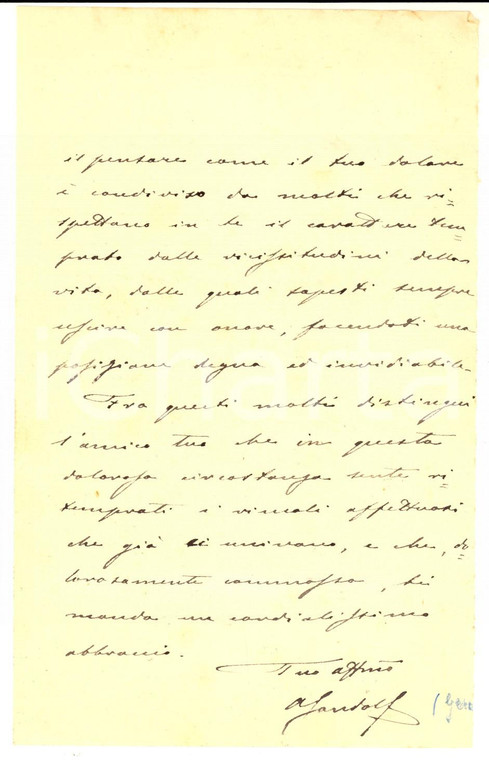 1888 BOLOGNA Lettera generale Antonio GANDOLFI per condoglianze - Autografo