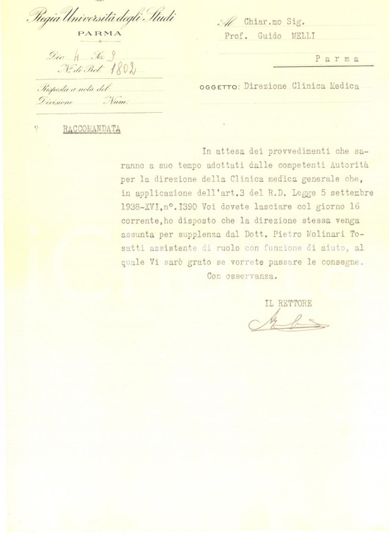 1938 PARMA Lettera rettore Alberto MARRASSINI per nomina supplente *Autografo