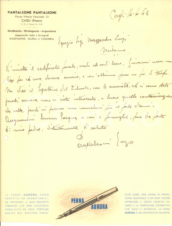 1943 CAGLI (PS) Pantaleone PANTALEONI - Oreficeria e Penna AURORA *Lettera