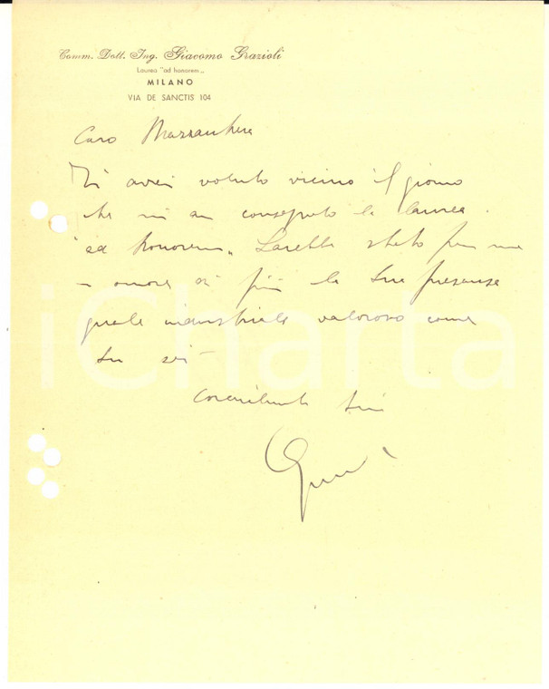 1943 MILANO Ing. Giacomo GRAZIOLI - Lettera per laurea ad honorem *AUTOGRAFO