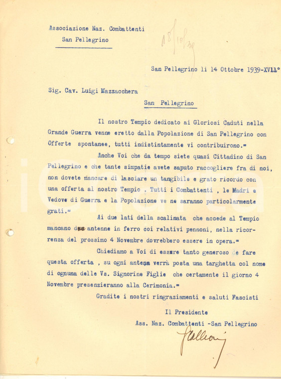 1939 ANC SAN PELLEGRINO TERME Lettera Gerolamo COLLEONI offerta Tempio Caduti