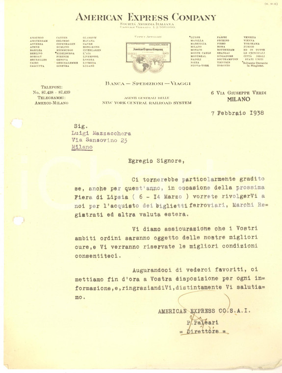 1938 MILANO - AMERICAN EXPRESS Company - Lettera direttore P. PALEARI